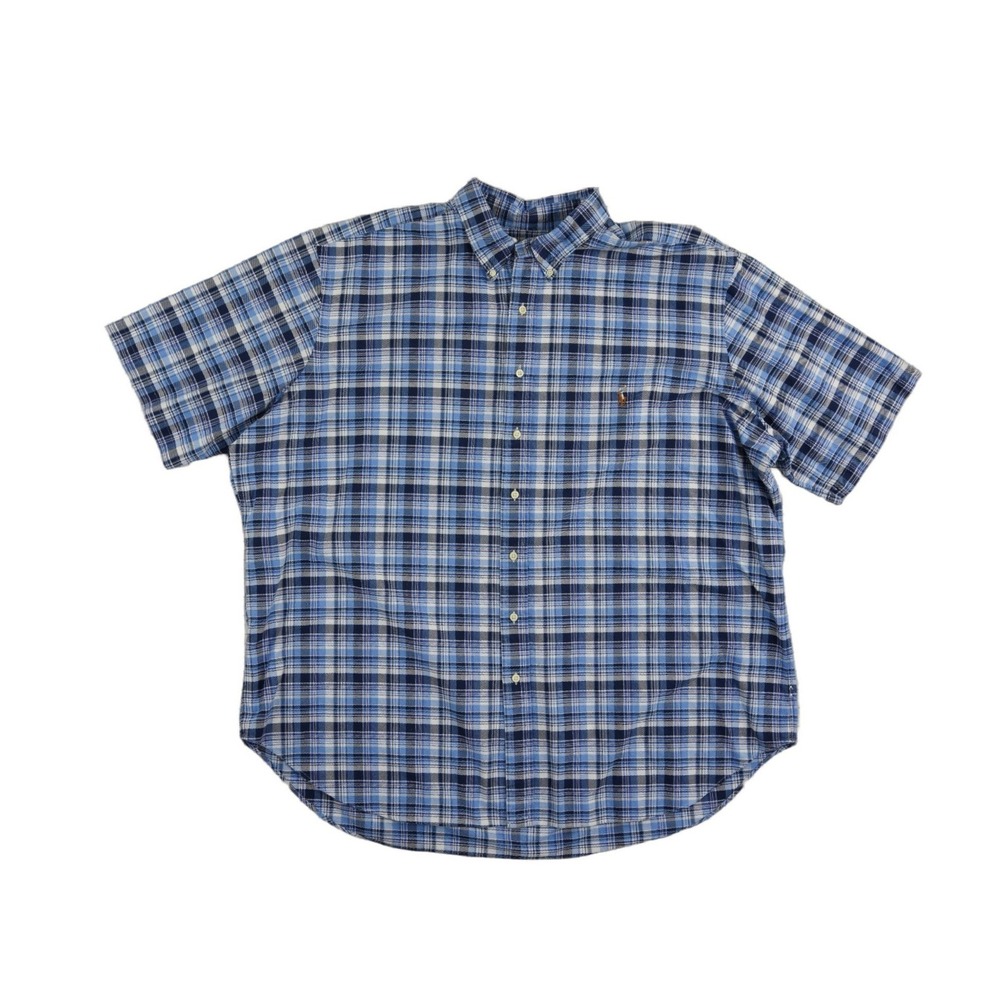 Ralph Lauren Button Down Shirt Mens Size 3XLT‎ Blue Plaid Short Sleeve Pony